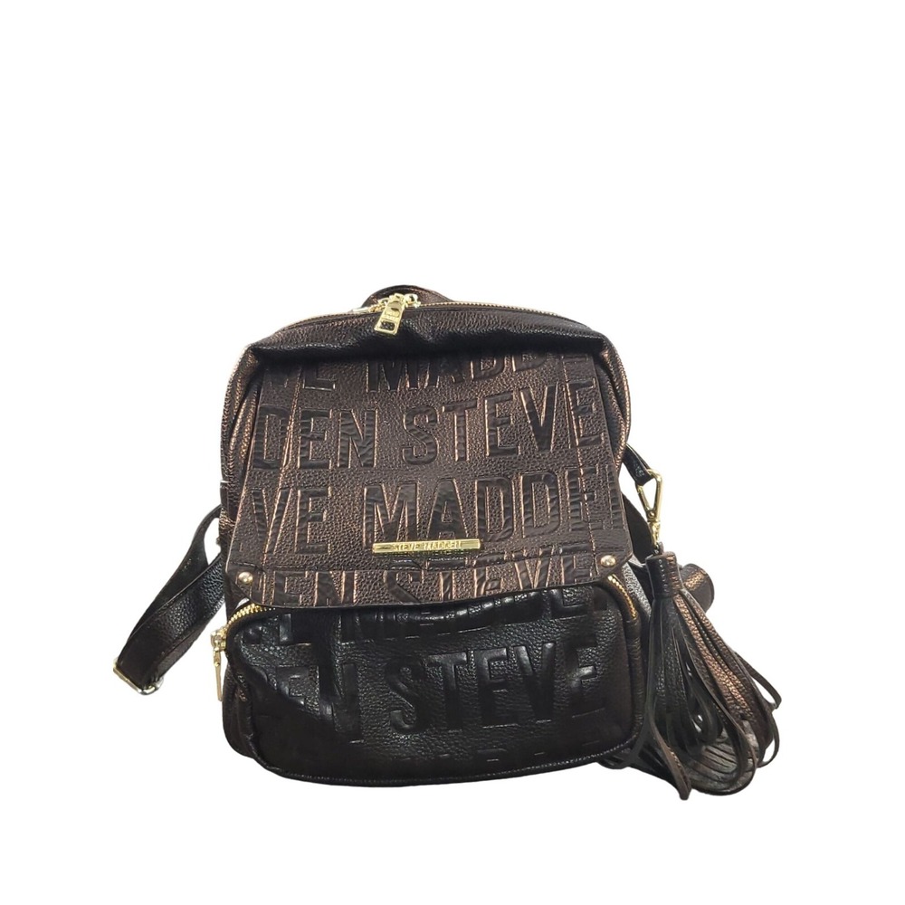 Steve Madden Womens Black Embossed Logo PVC Backpack Large Casual Daily Bag Work